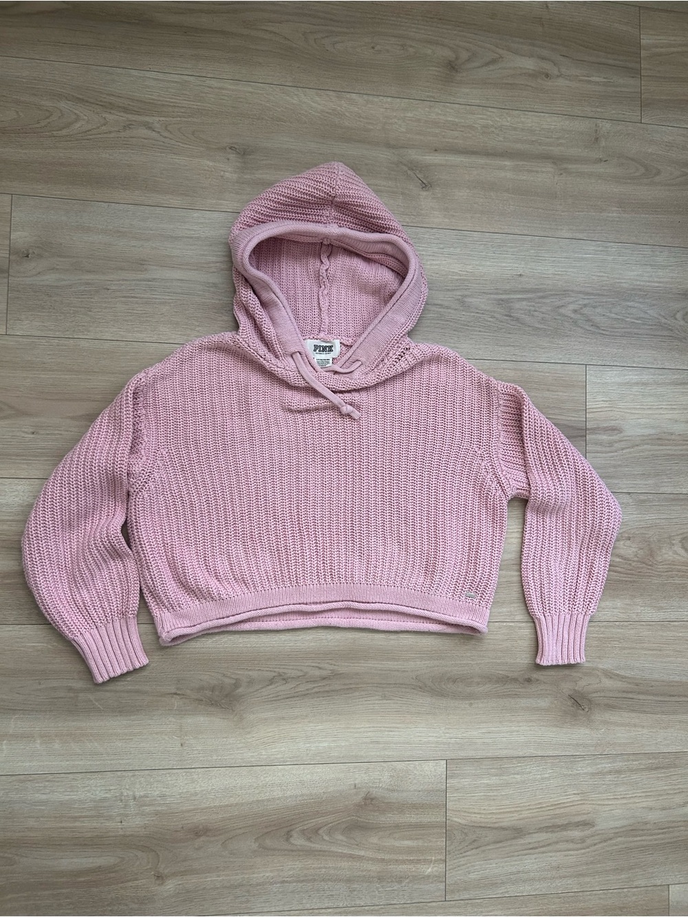 PINK Victoria's Secret Cropped Hooded Knit Sweater - Light Pink